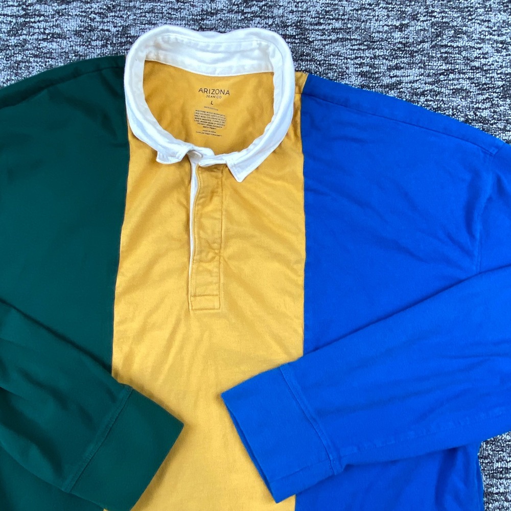 Arizona Jean Co Men L Rugby Shirt Colorblock Blue Green Yellow 100 Cotton Preppy